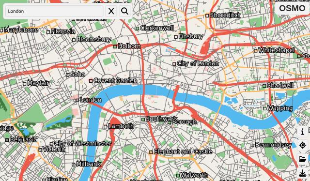 Screenshot of the OSMO app, showing central London