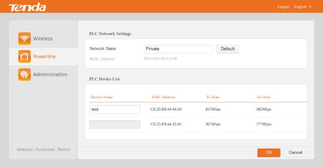 Screenshot of the Powerline settings page on the Tenda PA6