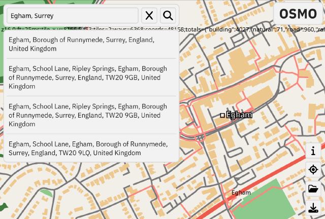 Searching for 'Egham' in OSMO