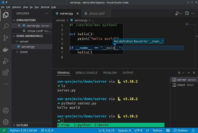 VS Code using tmux